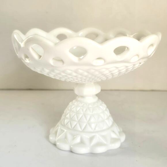 Vintage Imperial Milk Glass Compote White Reticulate Lace Edge Diamond Point - Picture 1 of 11